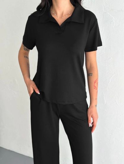 Osy Modal Yumuşak Dokulu Kumaş Kısa Kollu Yakalı T-shirt Pantalon Ikili Takım- Siyah resmi